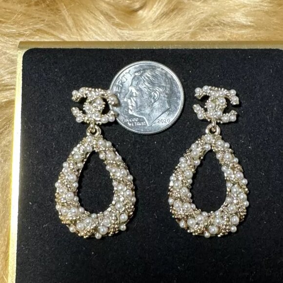 Chanel Gold Tone Drop Dangle Faux Pearl CC Earrings - Picture 2 of 5